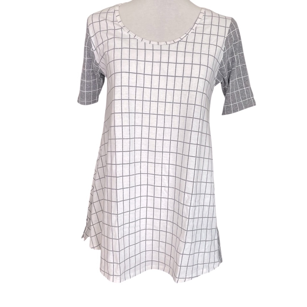 LuLaRoe Perfect T Tunic Top Swing Style Gray White Windowpane Pattern XS (2 4)